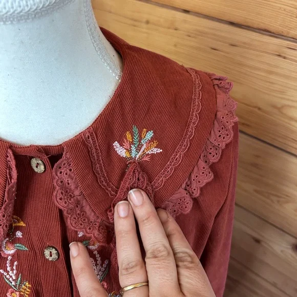 Vintage Rust Long Sleeve Maxi Dress Floral Embroidery Corduroy Lace Womens Large - Picture 8 of 10